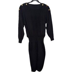 Vintage Plain Jane Sweater Dress Black Gold Buttons Cable Knit 80s 90s Classic M